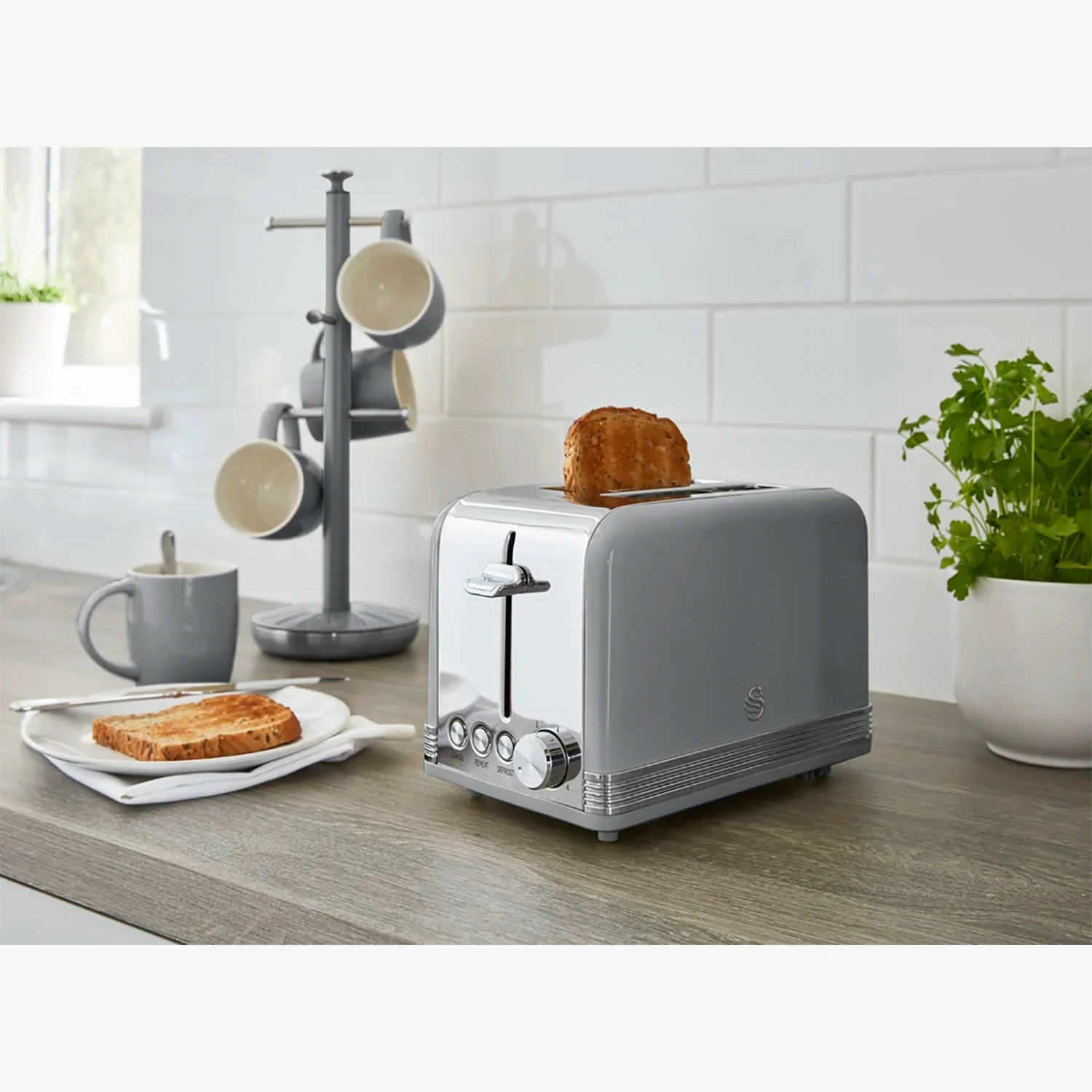 Swan Retro Tostadora Pan Ranura Ancha 2 Rebanadas, Regulador Nivel De Tostado, Descongelación, St19010grneu, Gris 800w - Image 3