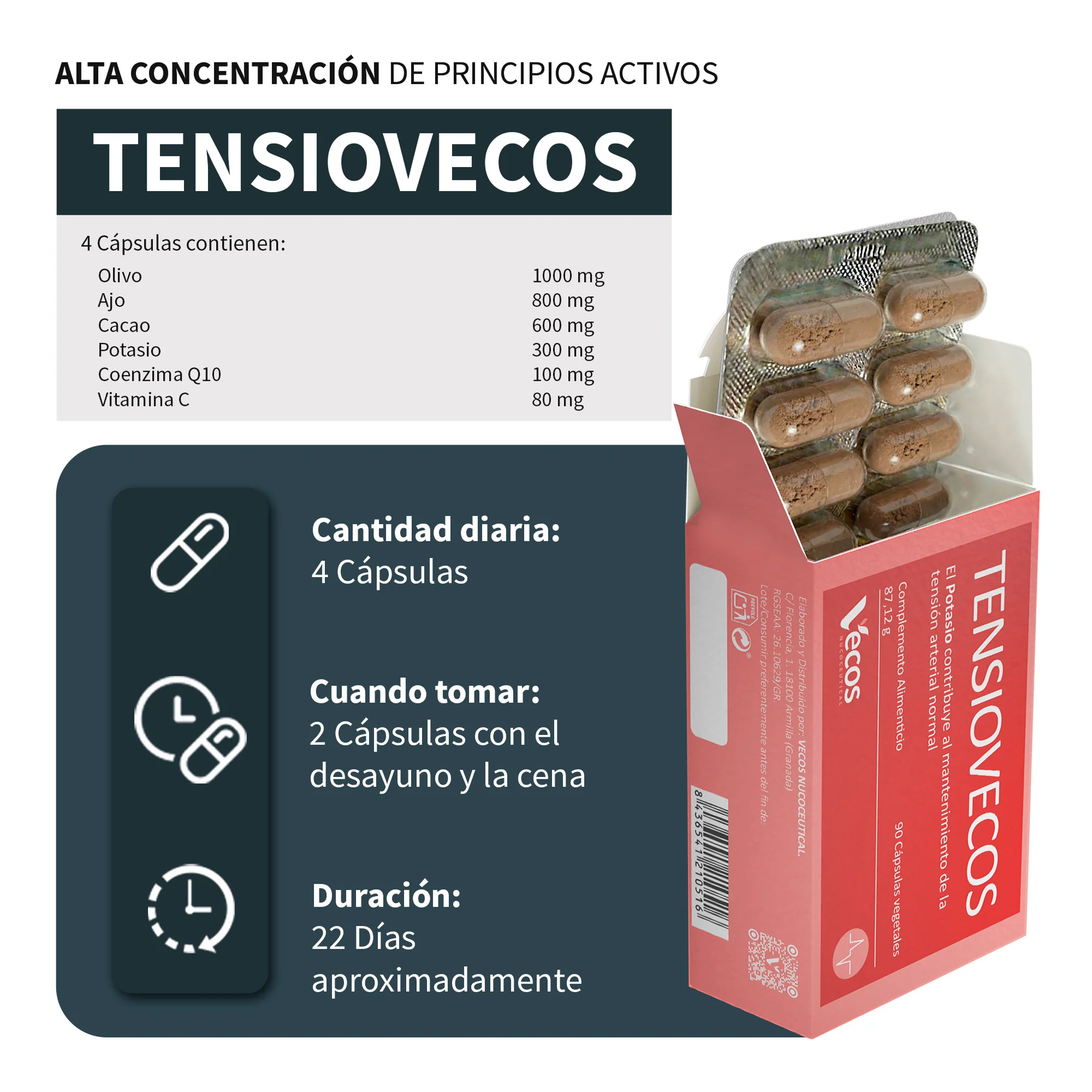 Tensiovecos Vecos 90 Cápsulas | Corazon Saludable Y Antioxidantes | Potasio + Olivo + Ajo - Image 3