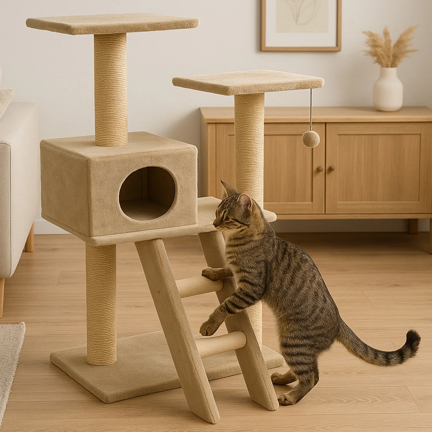Torre Rascador Para Gatos En 4 Niveles Beige Con Escalera 49x41x113cm Wuapu Modelo Cadi