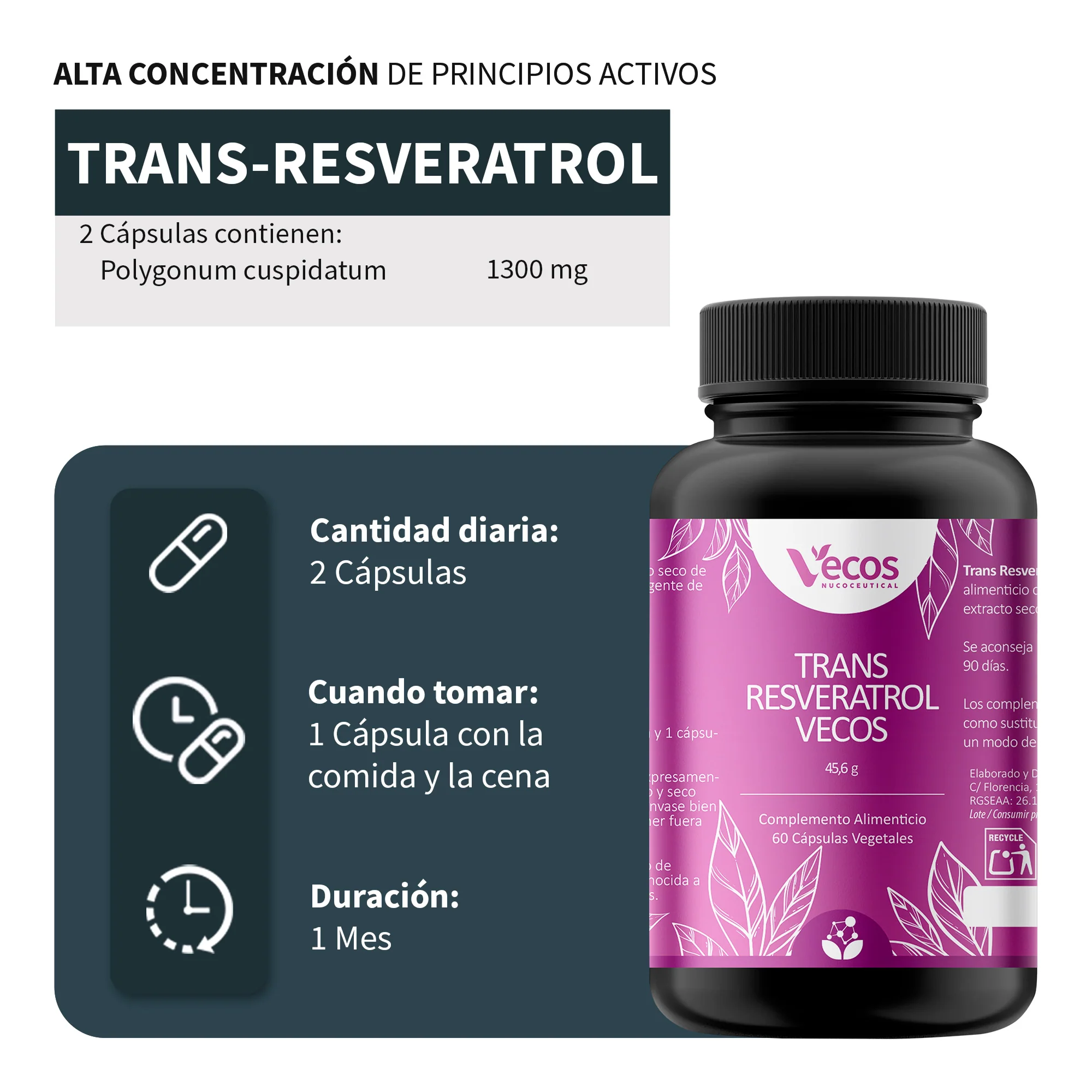 Trans-resveratrol Vecos 1300 Mg 60 Cápsulas | Antioxidante Y Envejecimiento Celular | Polygonum Cuspidatum - Image 3