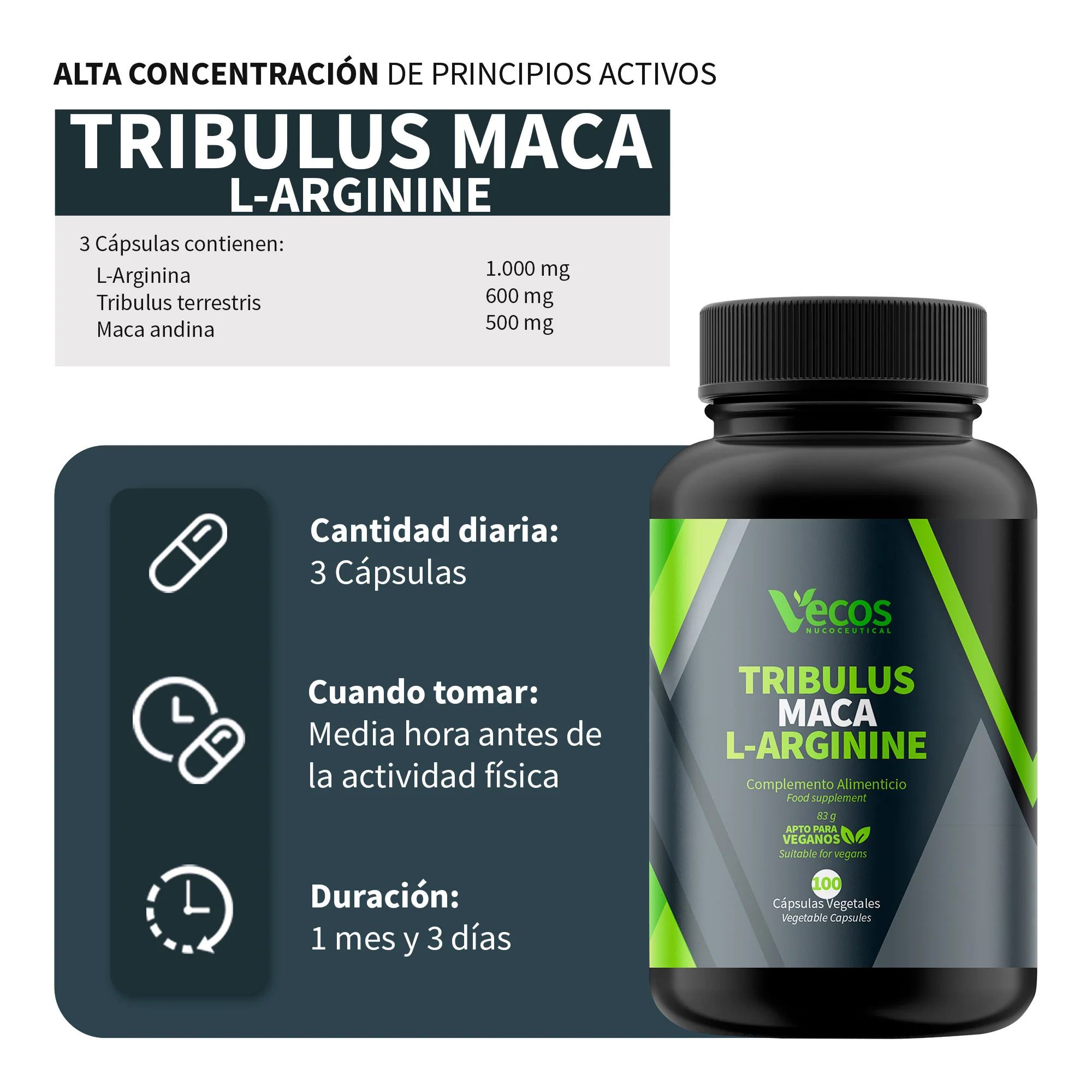 Tribulus + Maca + L-arginina Vecos 100 Cápsulas | Rendimiento, Energía Y Libido Masculina - Image 3