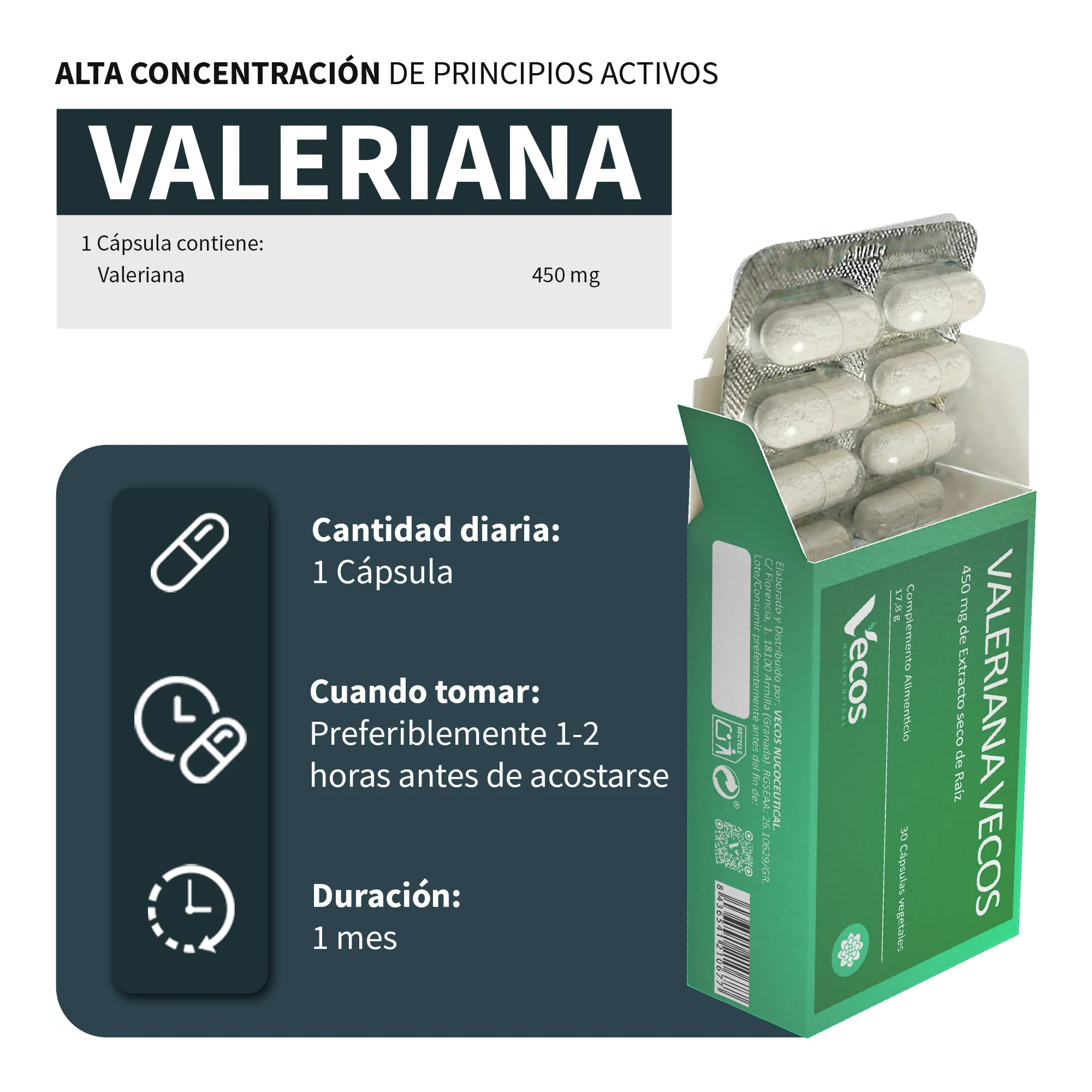 Valeriana 450mg Vecos 30 Cápsulas | Conciliar Un Sueño Reparador Y Pronto - Image 3