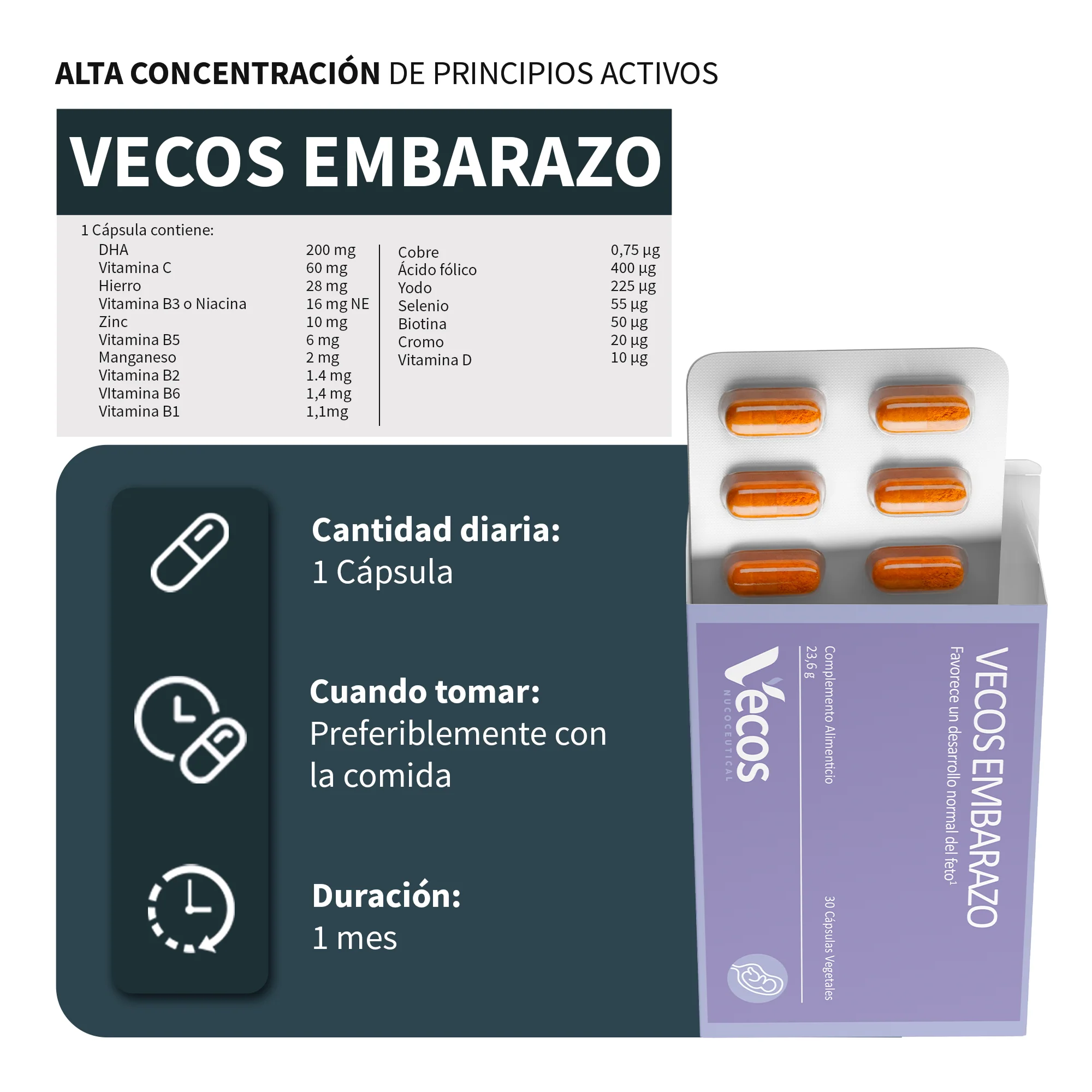 Vecos Embarazo Vecos 30 Cápsulas | Desarrollo Del Bebé | Dha + Folato + Yodo - Image 3