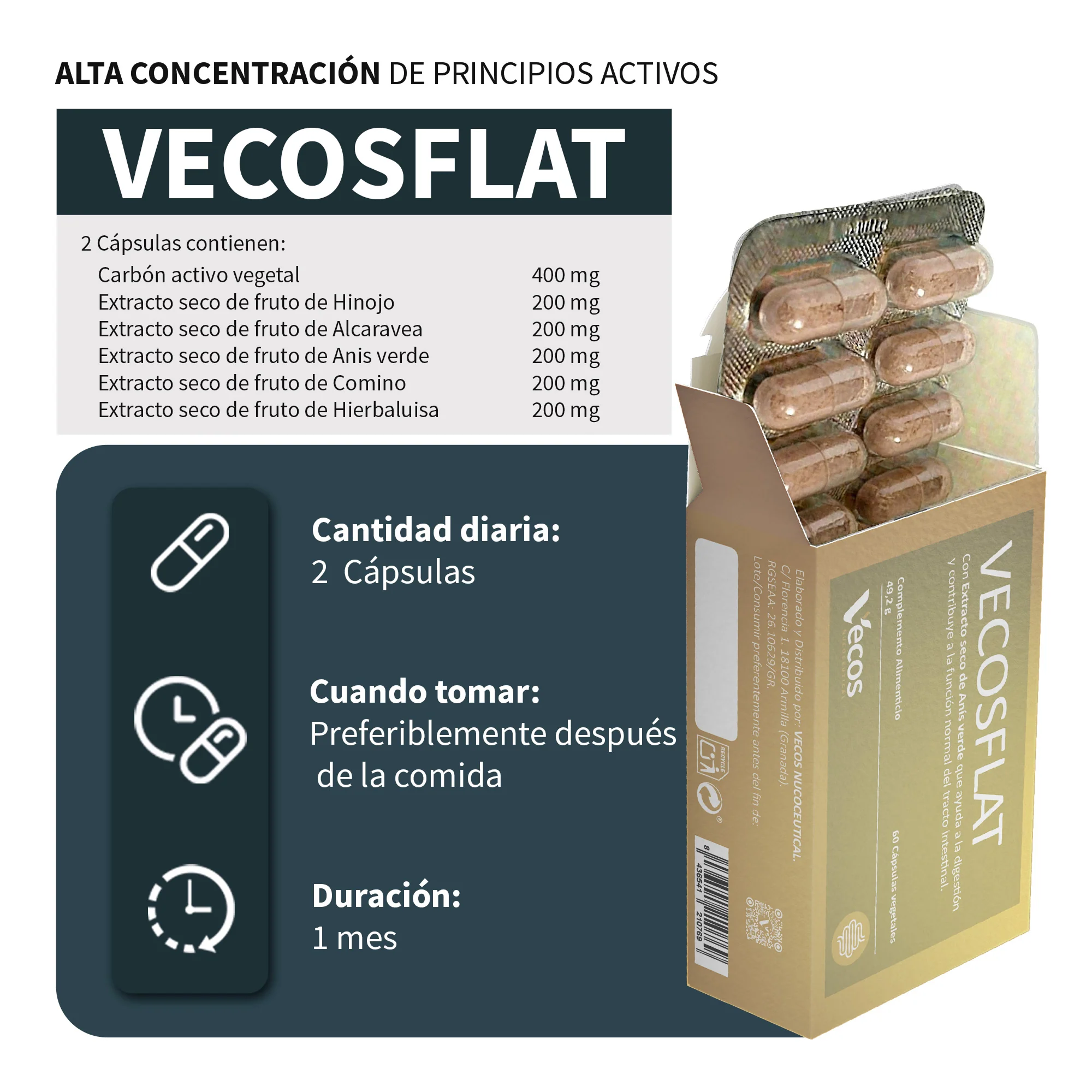 Vecosflat Vecos 60 Cápsulas | Digestión, Gases E Hinchazón | Carbón Activo Y Plantas Digestivas - Image 3