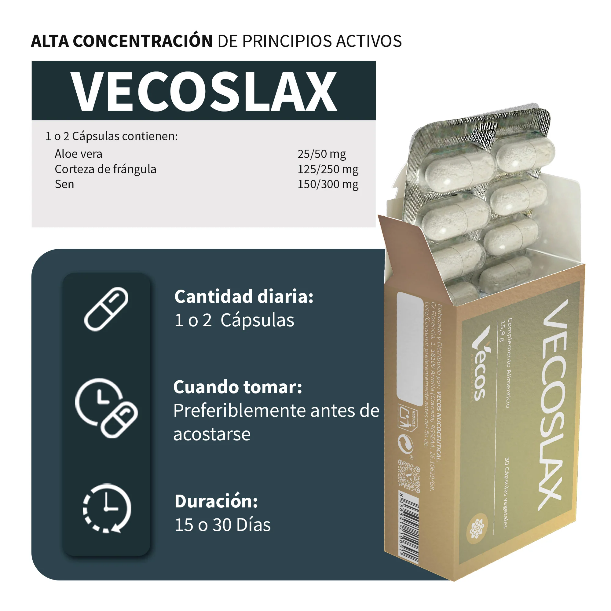 Vecoslax Vecos 30 Cápsulas | Regulación Del Tránsito Intestinal Y Alivio Del Estreñimiento Ocasional | Sen Y Frángula - Image 3