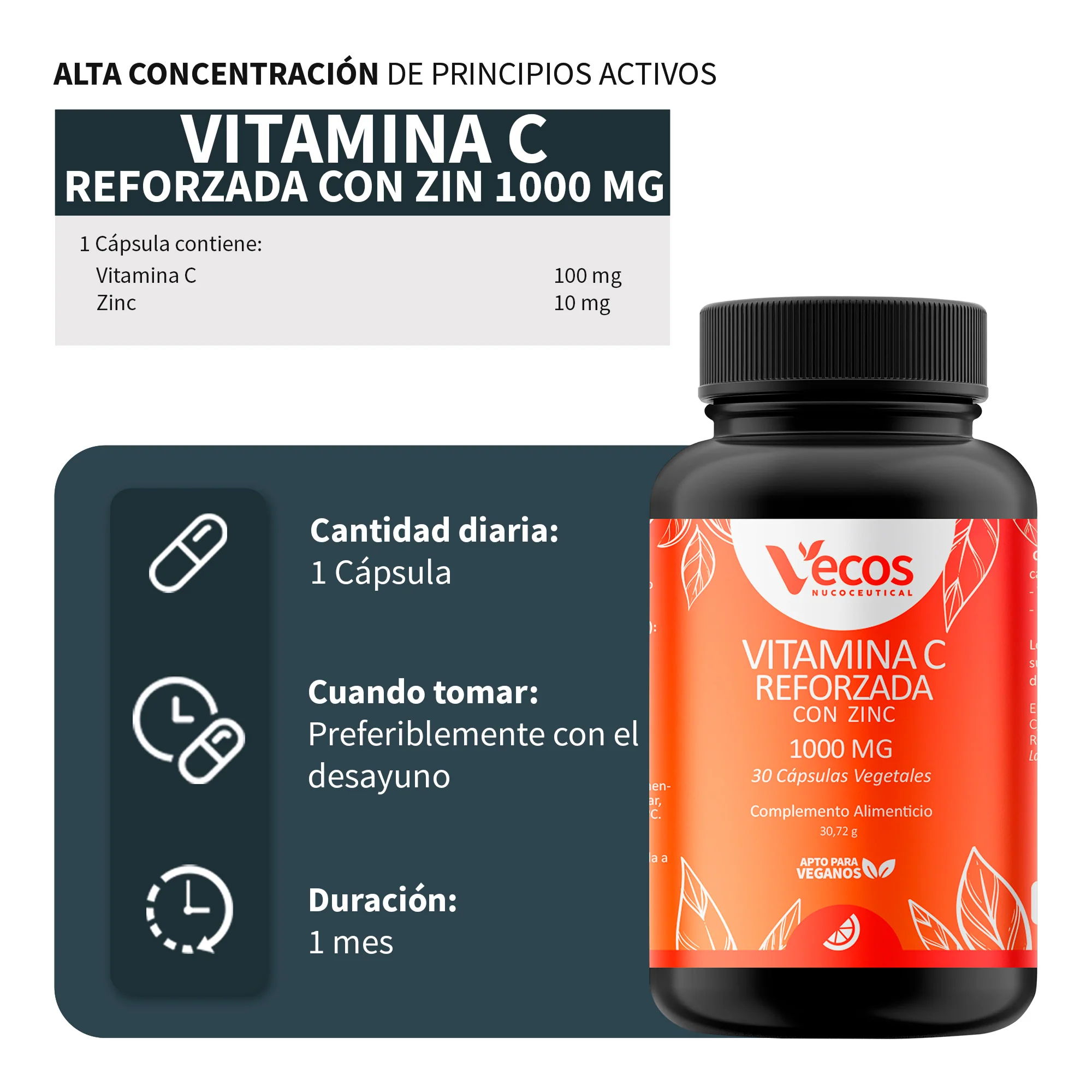 Vitamina C 1000 Mg Vecos 30 Cápsulas | Defensas Y Reducción De La Fatiga | Con Zinc - Image 3