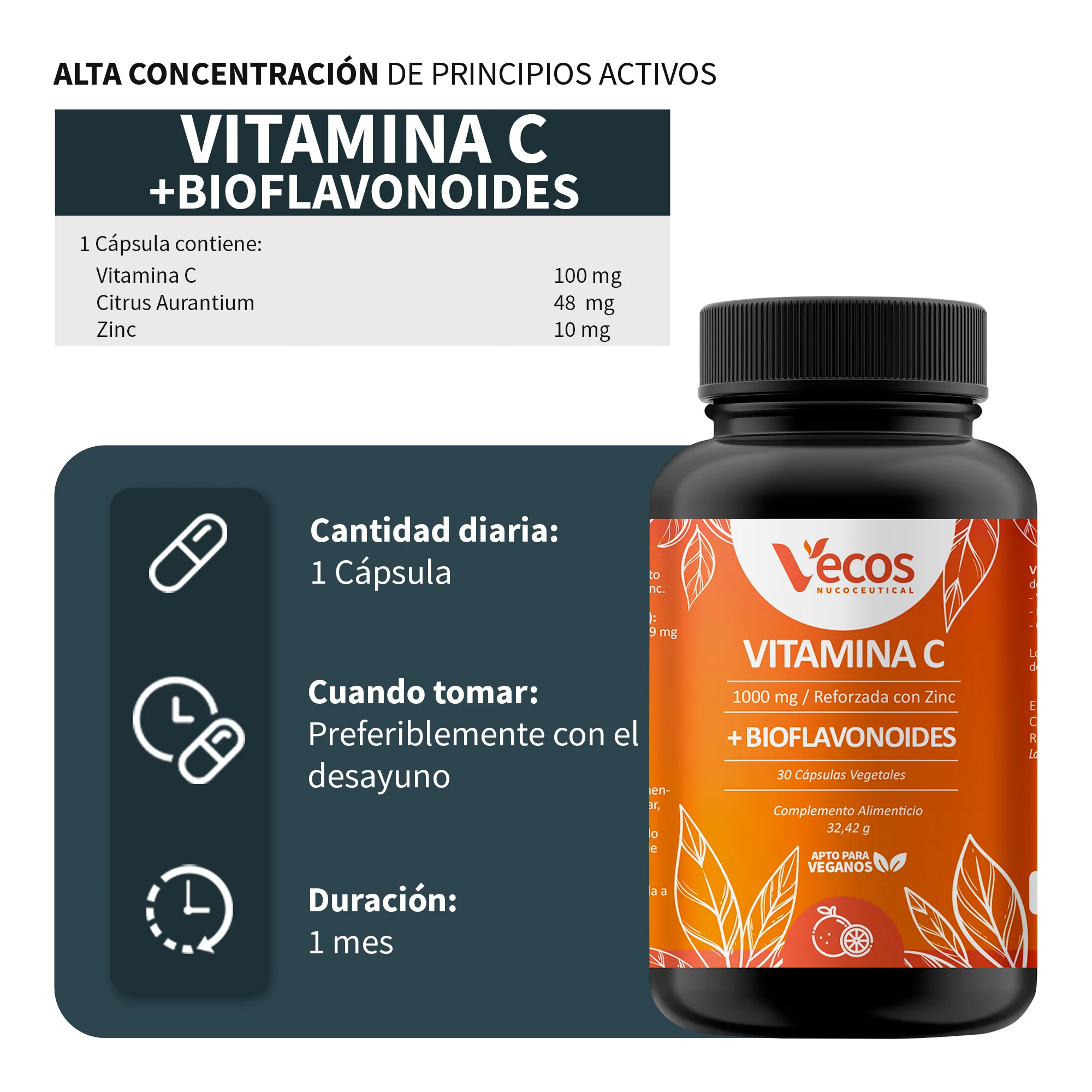 Vitamina C 1000 Mg + Zinc Vecos 30 Cápsulas | Defensas Y Sistema Inmune | Con Bioflavonoides - Image 3