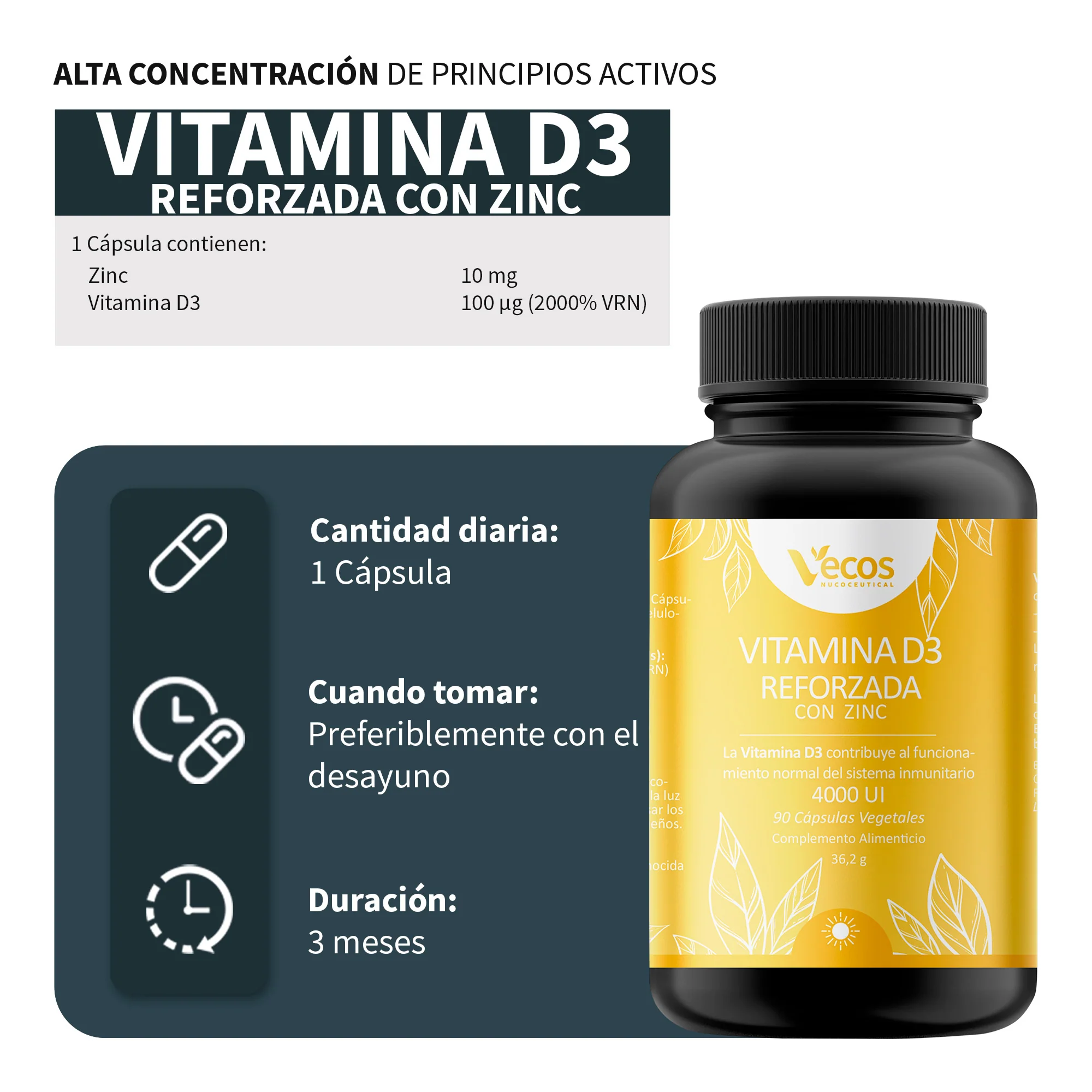 Vitamina D3 4000 Ui Con Zinc Vecos 90 Cápsulas | Defensas Activas Y Refuerzo Del Sistema Inmune - Image 3