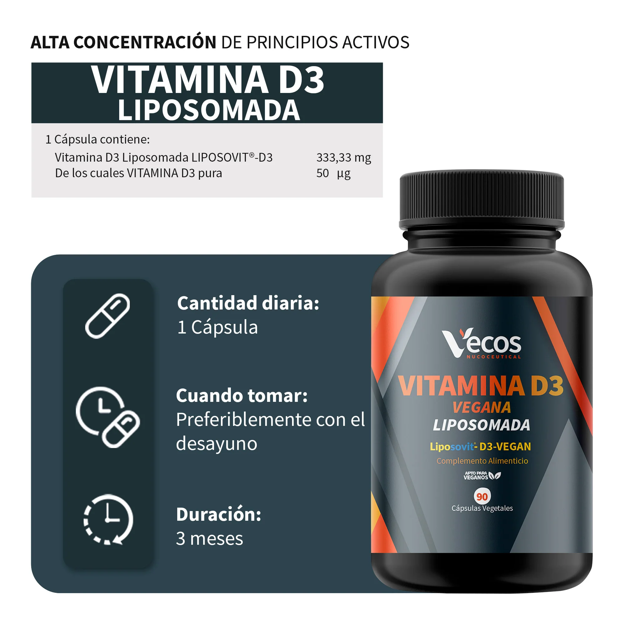 Vitamina D3 Vegana Liposovit® Vecos 90 Cápsulas | Salud Ósea E Inmune | 2000 Ui Por Cápsula - Image 3