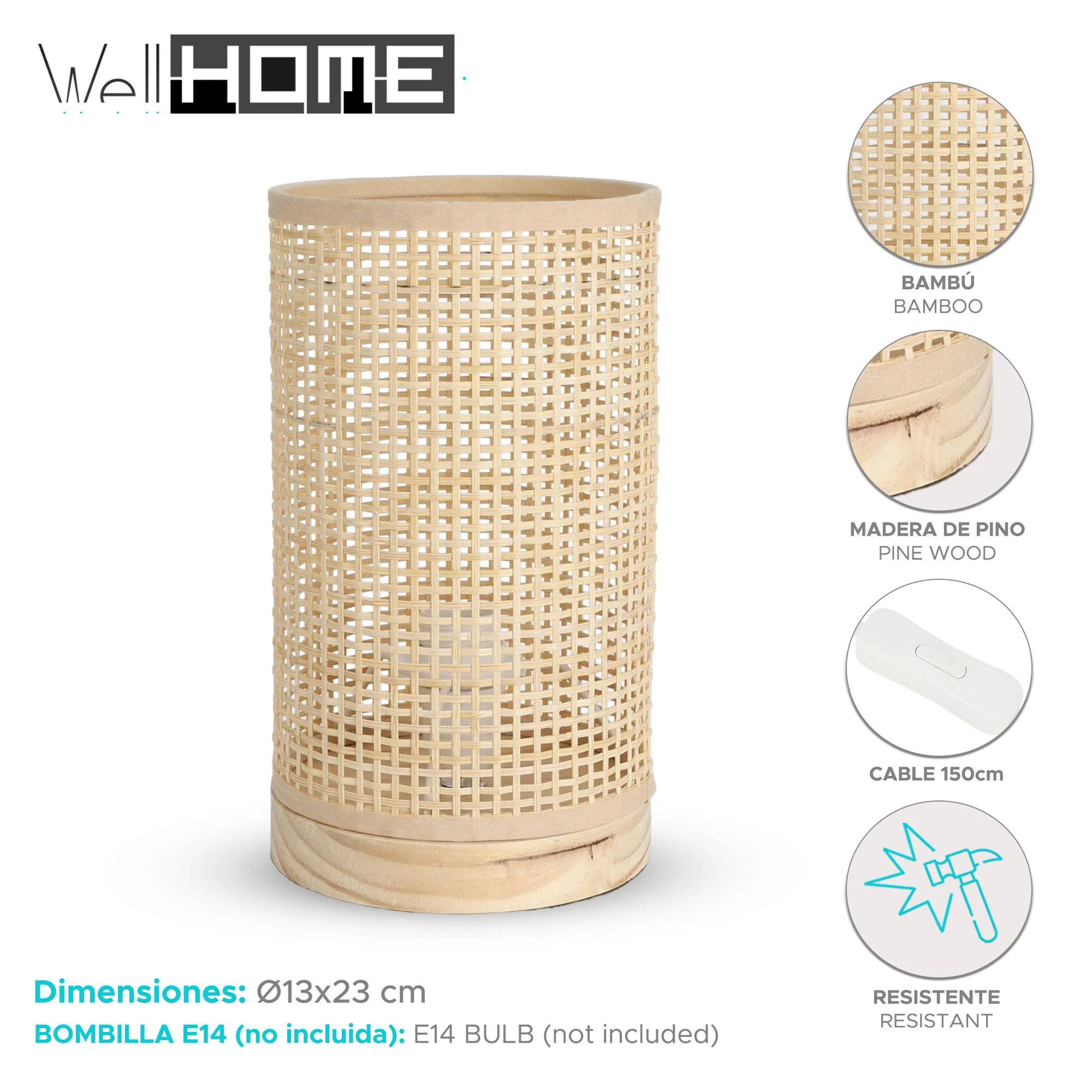 Well Home Lampara De Mesa Con Pantalla De Bambú Ø13x23cm - Image 2