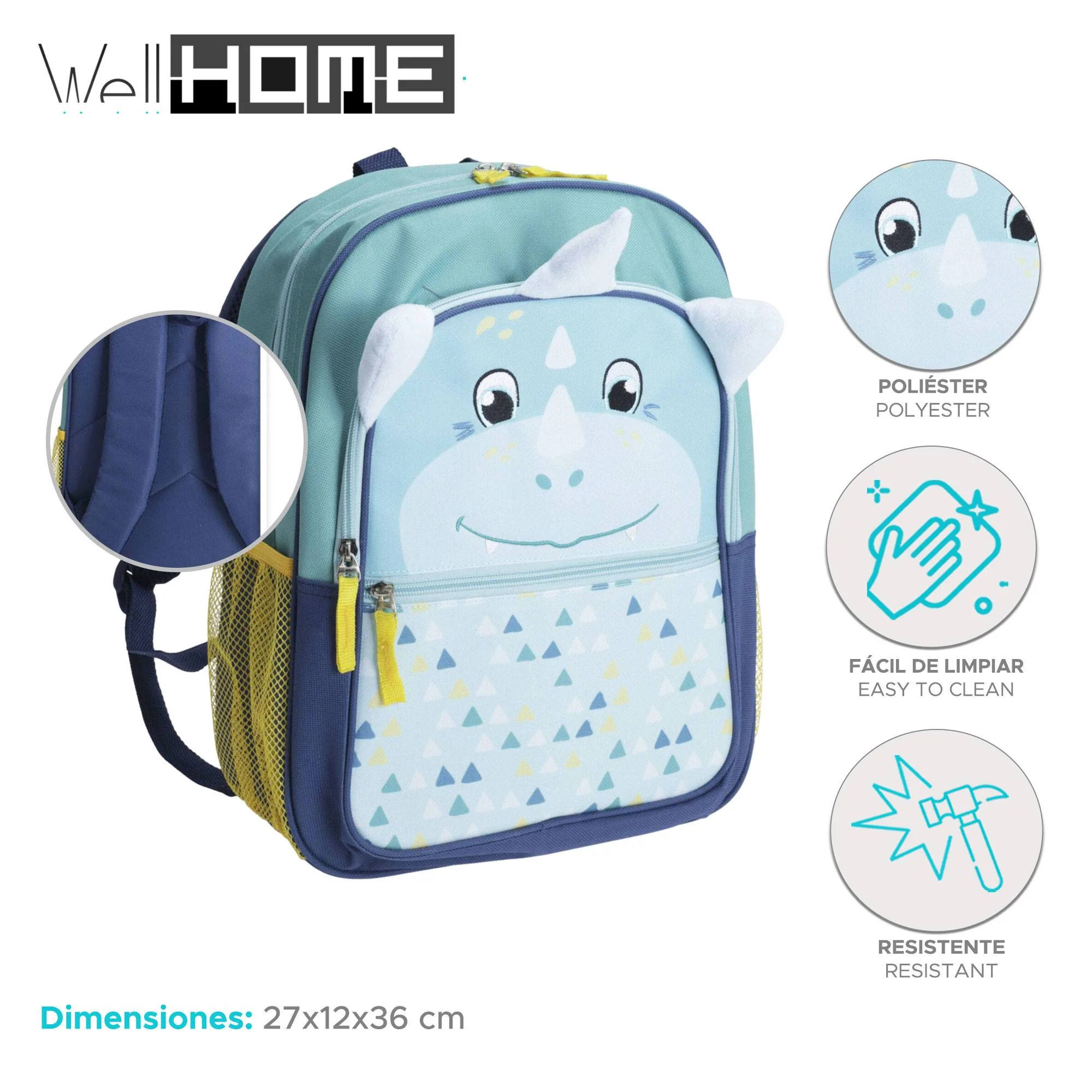 Well Home Mochila Infantil Diseño Dino Azul 27x12x36cm - Image 2