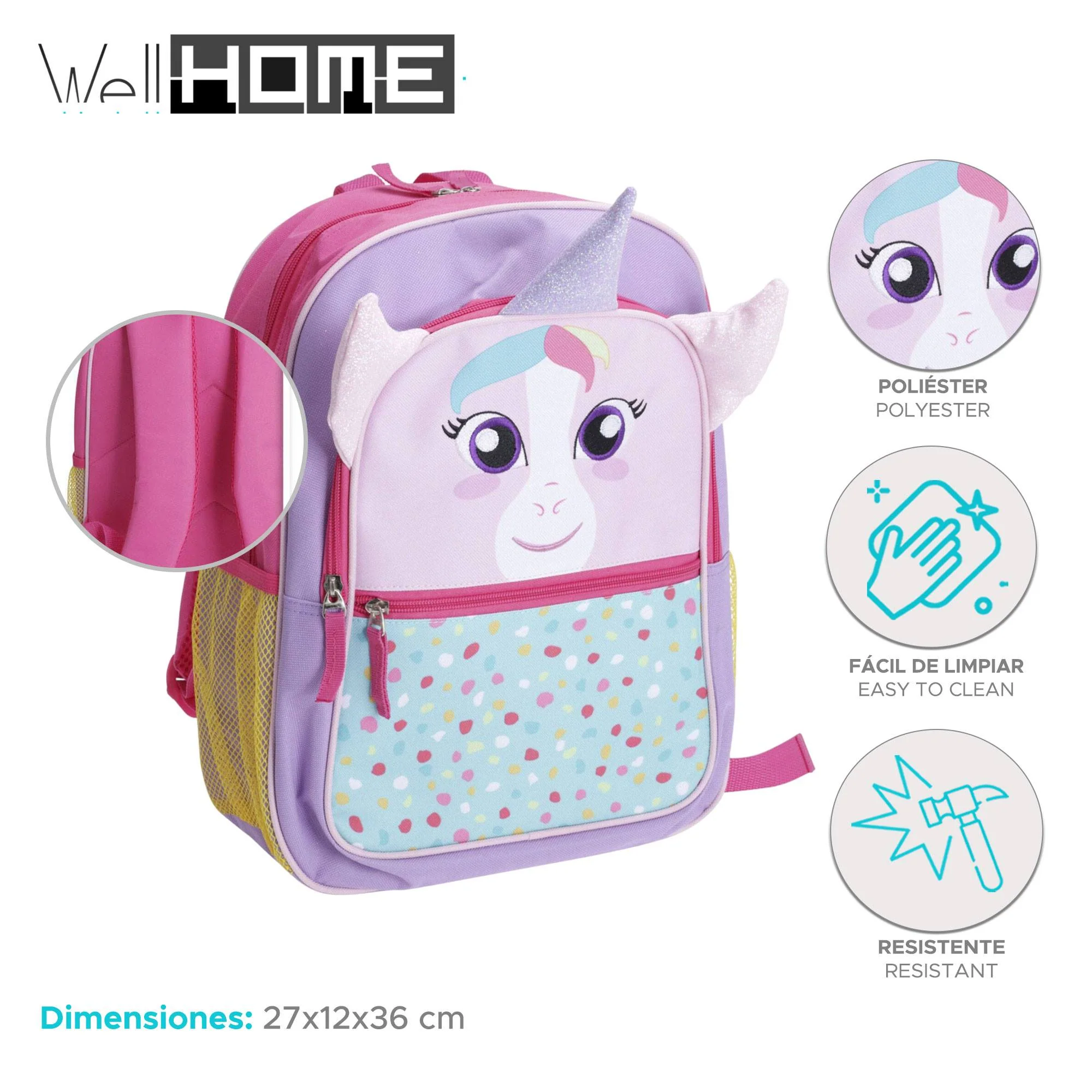 Well Home Mochila Infantil Diseño Unicornio Rosa 27x12x36cm - Image 2