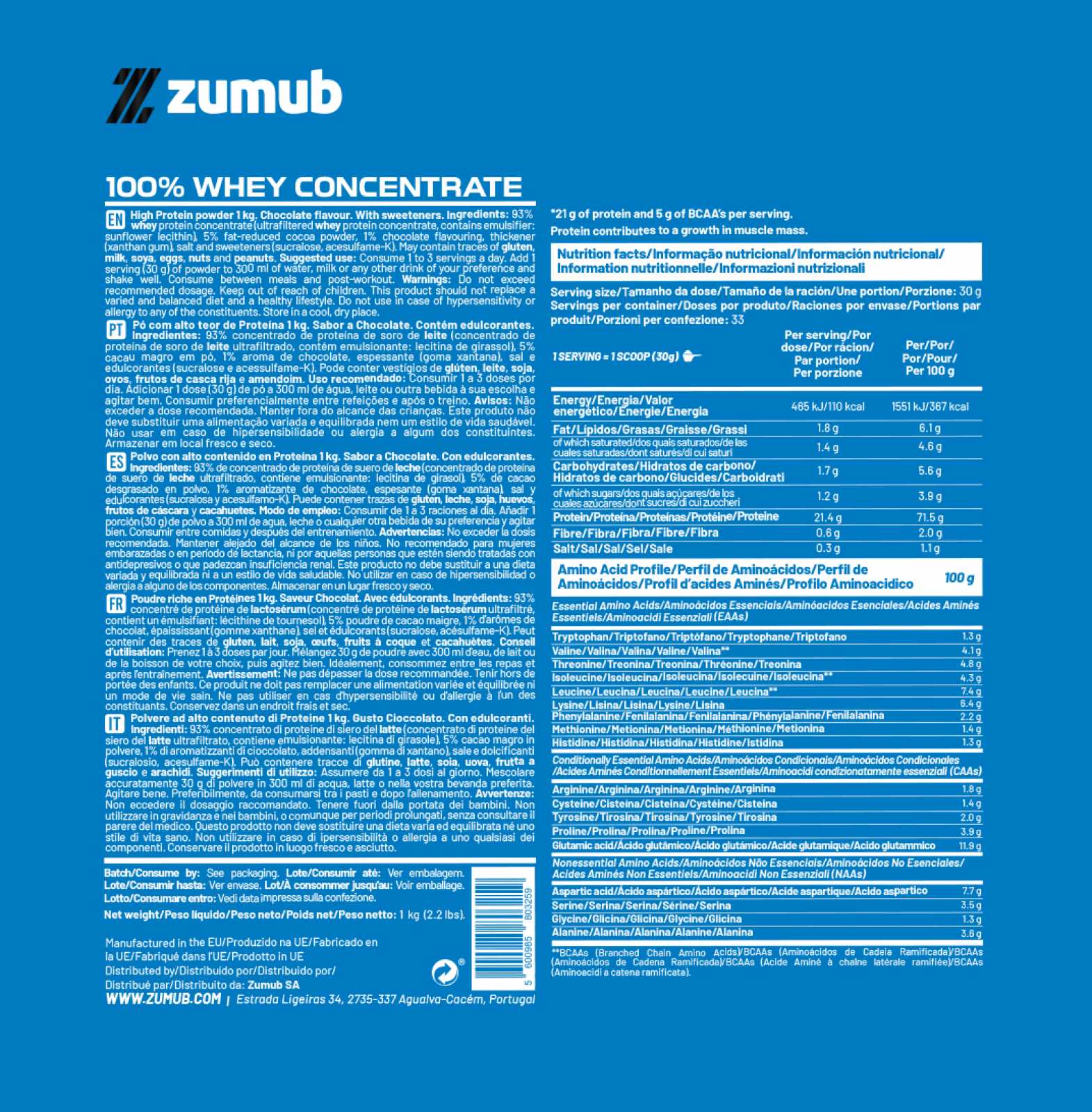 Zumub 100% Whey Concentrate 1kg Chocolate - Image 2