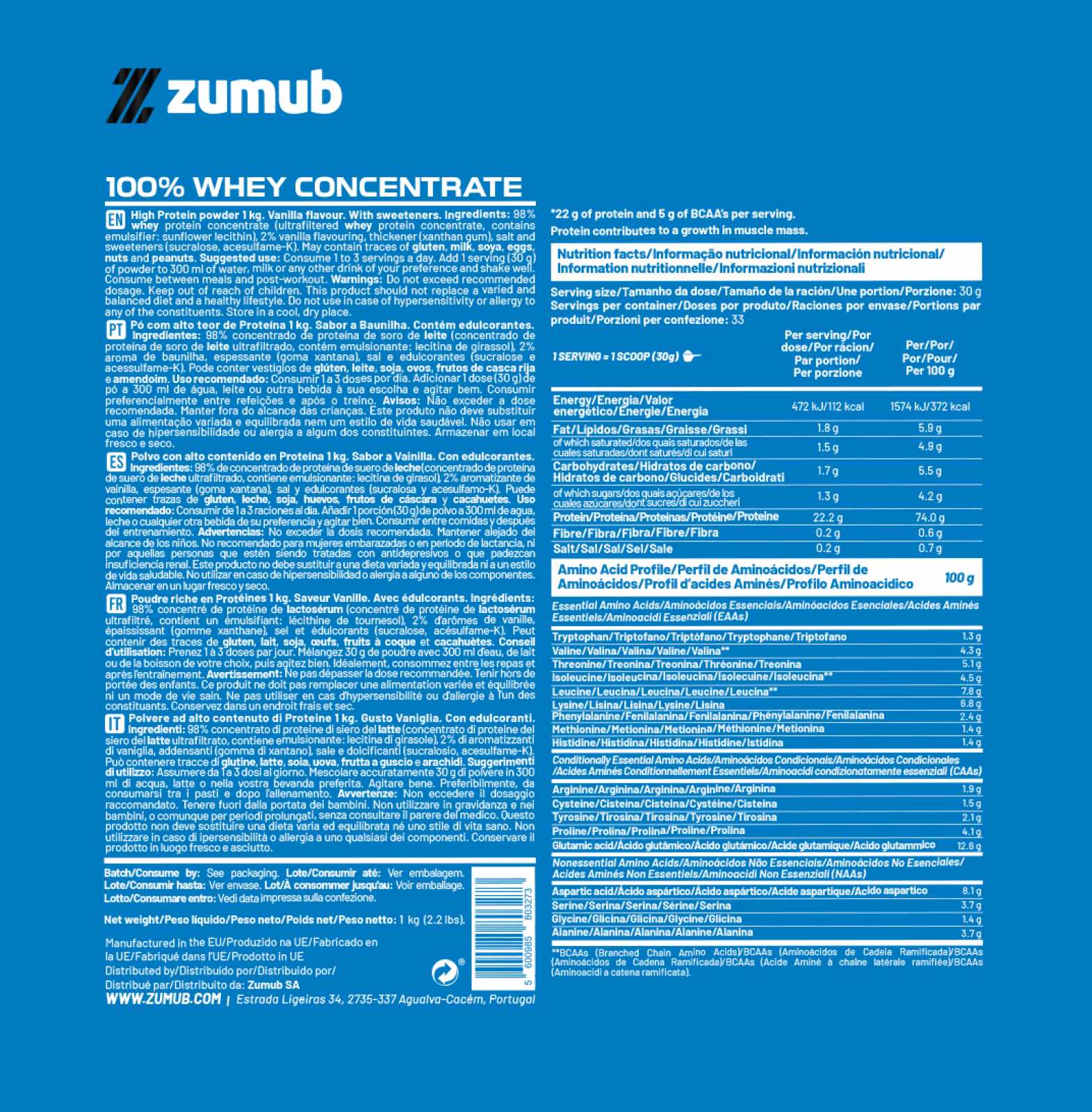 Zumub 100% Whey Concentrate 1kg - Vainilla - Image 2