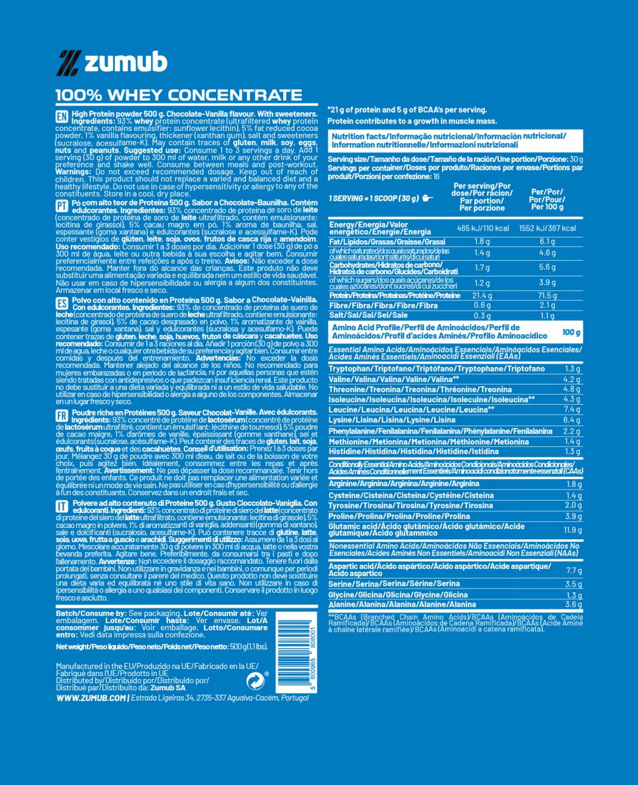 Zumub 100% Whey Concentrate 500 G - Chocolate-Vainilla - Image 2