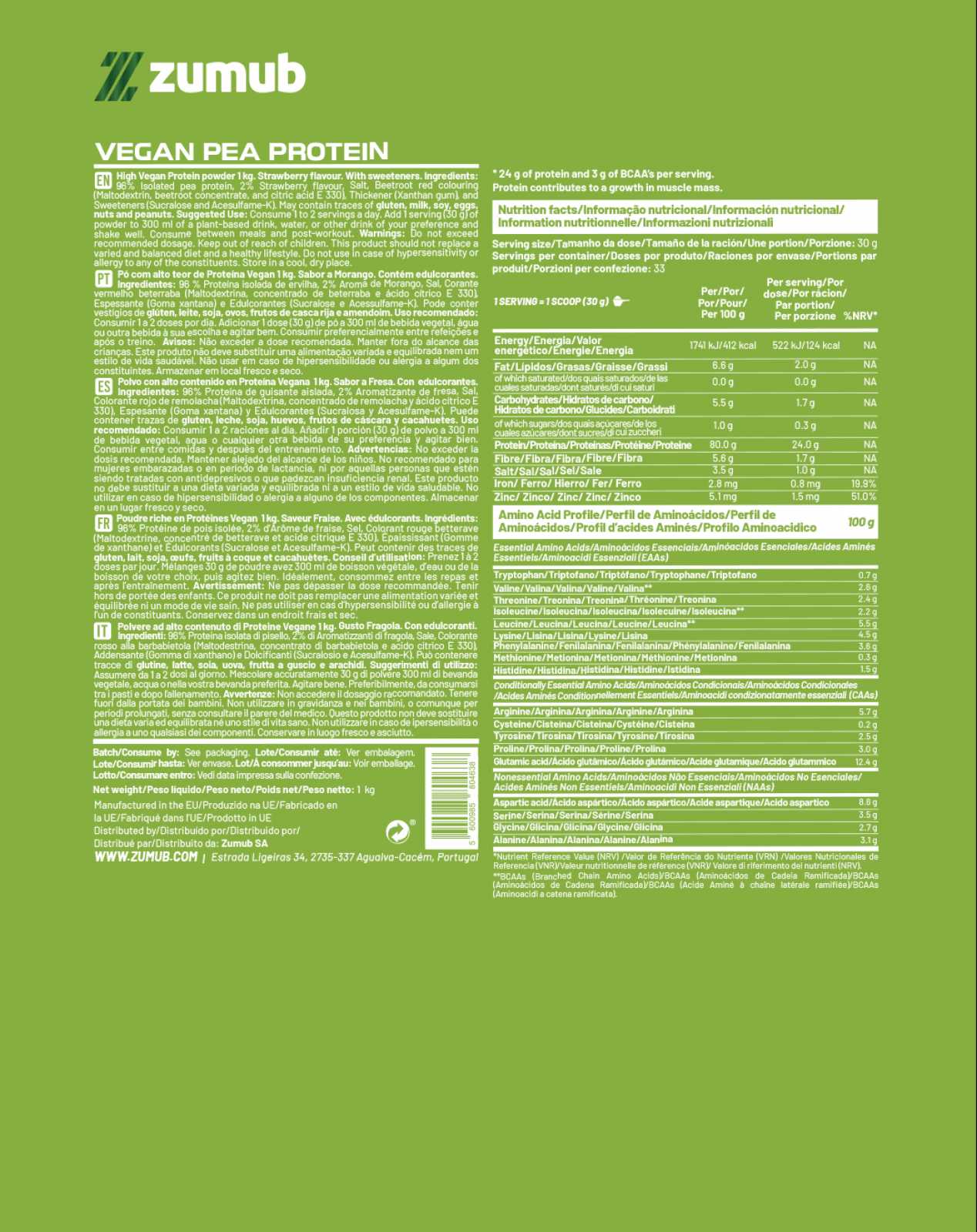 Zumub Vegan Protein (pea Protein) 1 Kg - Fresa - Image 2