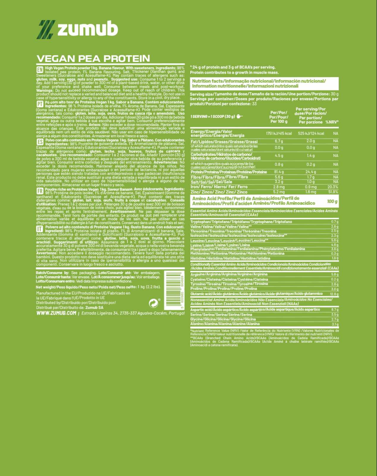 Zumub Vegan Protein (pea Protein) 1 Kg - Plátano - Image 2