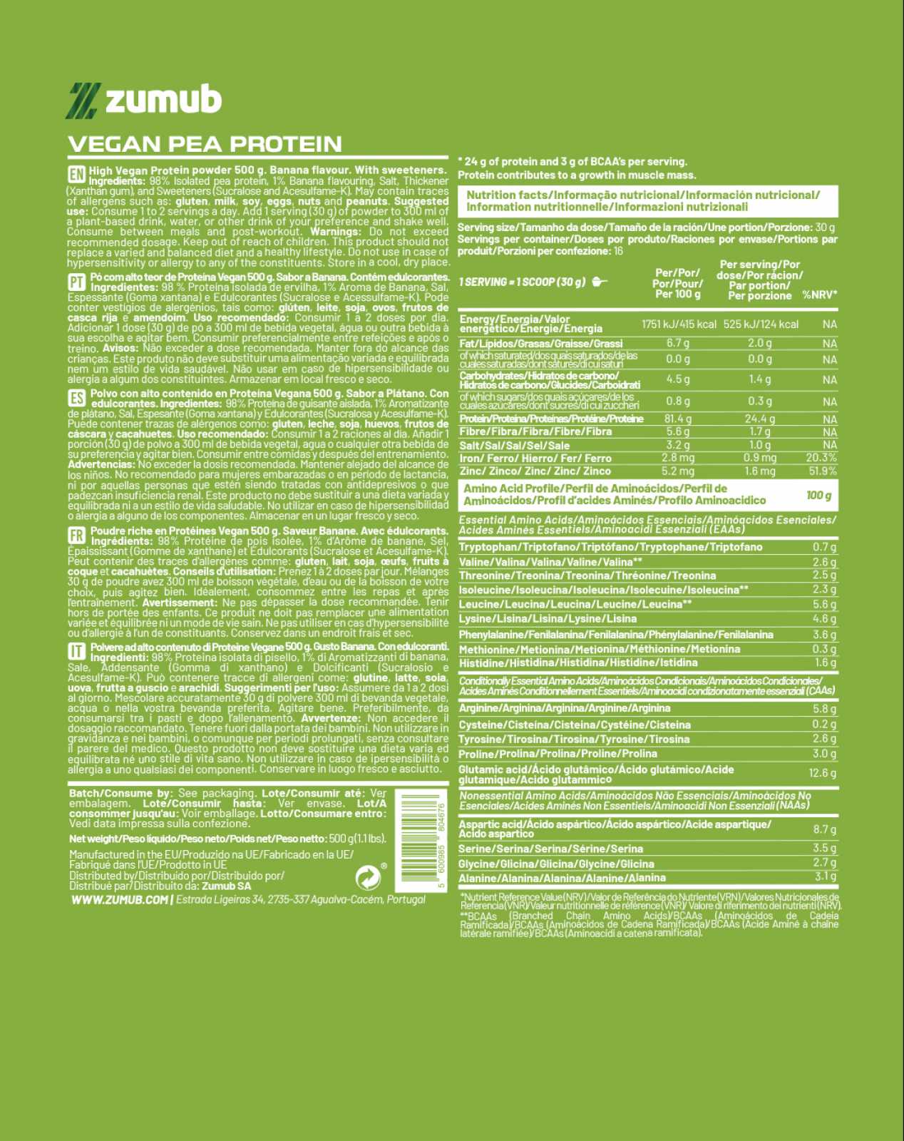 Zumub Vegan Protein (pea Protein) 500g - Plátano - Image 2